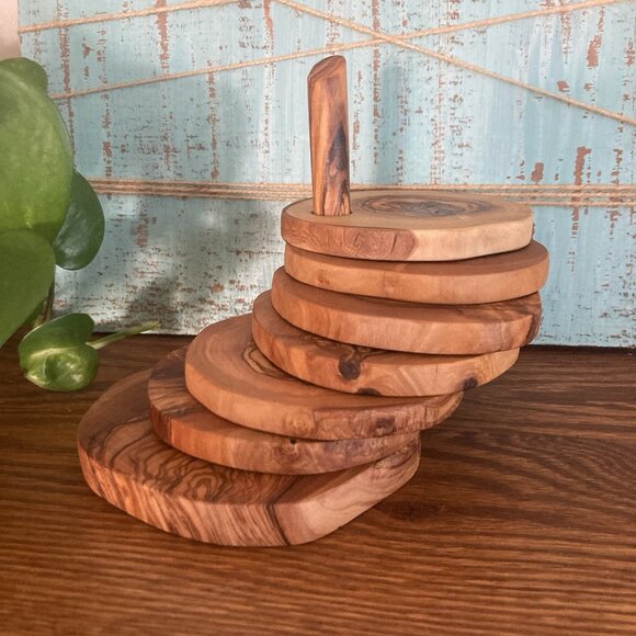 Olive Wood Rustic Natural Coaster Set of 6 with Holder Hand Made - Picture 2 of 16